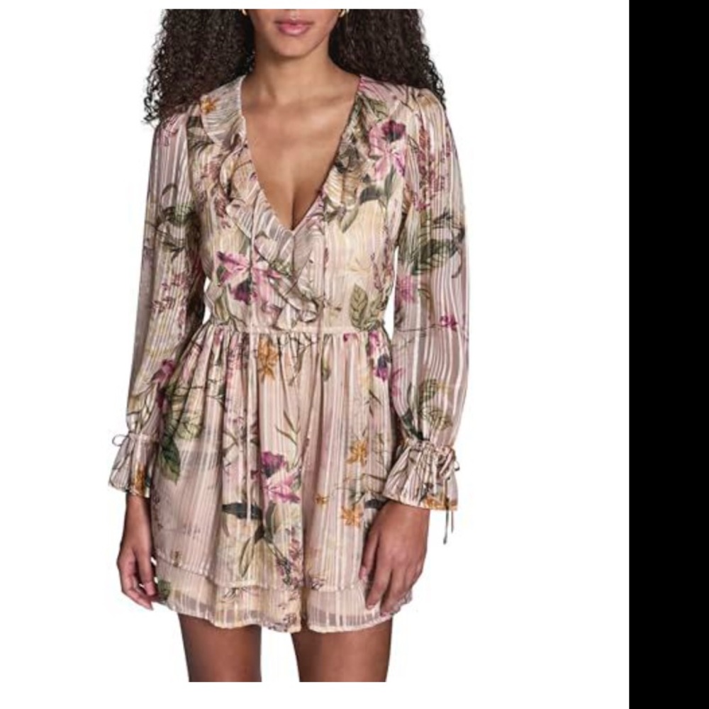 BCBG NWT FloralLong Sleeve V-Neck Chiffon A-line Mini Dress, Shell Multi, 8,